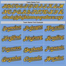 Load image into Gallery viewer, Custom Light Blue Gold-Navy Authentic Raglan Sleeves Baseball Jersey