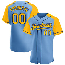 Load image into Gallery viewer, Custom Light Blue Gold-Navy Authentic Raglan Sleeves Baseball Jersey