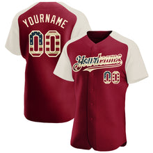 Load image into Gallery viewer, Custom Crimson Vintage USA Flag-Cream Authentic Raglan Sleeves Baseball Jersey