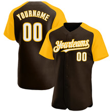 Load image into Gallery viewer, Custom Brown White-Gold Authentic Raglan Sleeves Baseball Jersey