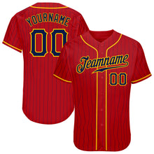 Load image into Gallery viewer, Custom Red Navy Pinstripe Navy-Gold Authentic Baseball Jersey