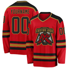 Load image into Gallery viewer, Custom Red Black-Old Gold Hockey Jersey