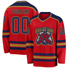 Load image into Gallery viewer, Custom Red Navy-Old Gold Hockey Jersey