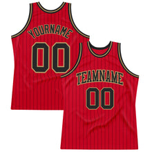 Load image into Gallery viewer, Custom Red Black Pinstripe Black-Old Gold Authentic Basketball Jersey