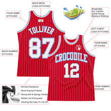 Load image into Gallery viewer, Custom Red White Pinstripe White-Light Blue Authentic Basketball Jersey