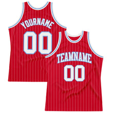Load image into Gallery viewer, Custom Red White Pinstripe White-Light Blue Authentic Basketball Jersey