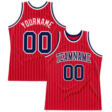 Load image into Gallery viewer, Custom Red White Pinstripe Navy-White Authentic Basketball Jersey