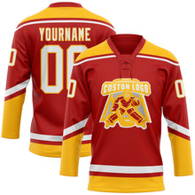 Load image into Gallery viewer, Custom Red White-Gold Hockey Lace Neck Jersey