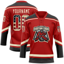 Load image into Gallery viewer, Custom Red Vintage USA Flag Black-Cream Hockey Lace Neck Jersey