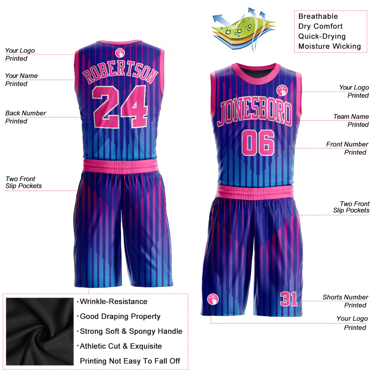 Custom Purple Pink-White Round Neck Rib-Knit Basketball Jersey