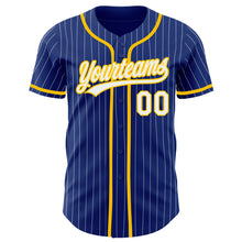 Load image into Gallery viewer, Custom Royal White Pinstripe Yellow Authentic Baseball Jersey