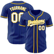 Load image into Gallery viewer, Custom Royal White Pinstripe Yellow Authentic Baseball Jersey