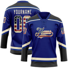 Load image into Gallery viewer, Custom Royal Vintage USA Flag Black-Cream Hockey Lace Neck Jersey