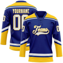 Load image into Gallery viewer, Custom Royal White-Yellow Hockey Lace Neck Jersey