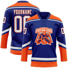 Load image into Gallery viewer, Custom Royal White-Orange Hockey Lace Neck Jersey