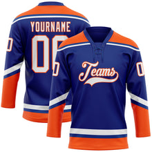 Load image into Gallery viewer, Custom Royal White-Orange Hockey Lace Neck Jersey