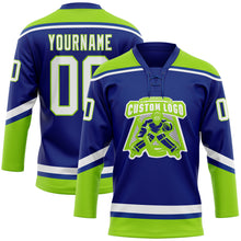 Load image into Gallery viewer, Custom Royal White-Neon Green Hockey Lace Neck Jersey