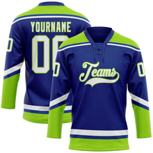 Load image into Gallery viewer, Custom Royal White-Neon Green Hockey Lace Neck Jersey
