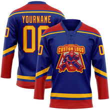 Load image into Gallery viewer, Custom Royal Gold-Red Hockey Lace Neck Jersey