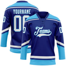 Load image into Gallery viewer, Custom Royal White-Sky Blue Hockey Lace Neck Jersey