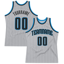 Load image into Gallery viewer, Custom Gray Black Pinstripe Black-Blue Authentic Basketball Jersey
