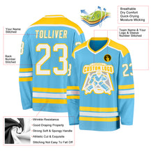 Load image into Gallery viewer, Custom Sky Blue White-Gold Hockey Jersey