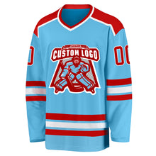 Load image into Gallery viewer, Custom Sky Blue Red-White Hockey Jersey