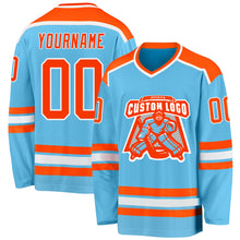 Load image into Gallery viewer, Custom Sky Blue Orange-White Hockey Jersey