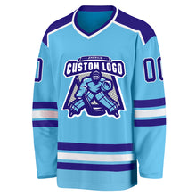 Load image into Gallery viewer, Custom Sky Blue Dark Purple-White Hockey Jersey