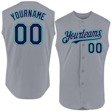 Load image into Gallery viewer, Custom Gray Navy-Teal Authentic Sleeveless Baseball Jersey