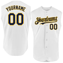 Load image into Gallery viewer, Custom White Navy-Gold Authentic Sleeveless Baseball Jersey