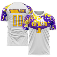 Load image into Gallery viewer, Custom White Gold-Purple Sublimation Soccer Uniform Jersey