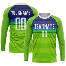 Load image into Gallery viewer, Custom Neon Green White-Royal Sublimation Soccer Uniform Jersey