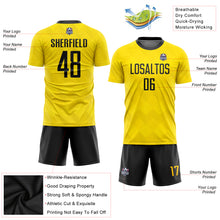 Load image into Gallery viewer, Custom Gold Black Sublimation Soccer Uniform Jersey