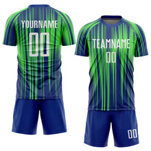 Load image into Gallery viewer, Custom Neon Green White-Royal Sublimation Soccer Uniform Jersey