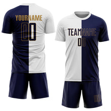 Load image into Gallery viewer, Custom White Navy-Old Gold Sublimation Split Fashion Soccer Uniform Jersey