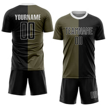 Load image into Gallery viewer, Custom Olive Black-White Sublimation Split Fashion Salute To Service Soccer Uniform Jersey
