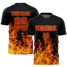 Load image into Gallery viewer, Custom Black Red-Gold Flame Sublimation Soccer Uniform Jersey
