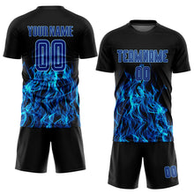 Load image into Gallery viewer, Custom Black Royal-Light Blue Flame Sublimation Soccer Uniform Jersey