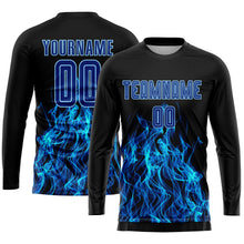 Load image into Gallery viewer, Custom Black Royal-Light Blue Flame Sublimation Soccer Uniform Jersey