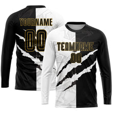 Load image into Gallery viewer, Custom Graffiti Pattern Black-Old Gold Scratch Sublimation Soccer Uniform Jersey