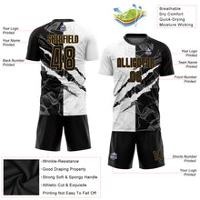 Load image into Gallery viewer, Custom Graffiti Pattern Black-Old Gold Scratch Sublimation Soccer Uniform Jersey