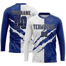 Load image into Gallery viewer, Custom Graffiti Pattern Royal White-Old Gold Scratch Sublimation Soccer Uniform Jersey