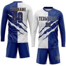 Load image into Gallery viewer, Custom Graffiti Pattern Royal White-Old Gold Scratch Sublimation Soccer Uniform Jersey
