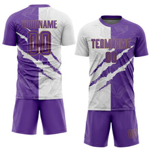 Load image into Gallery viewer, Custom Graffiti Pattern Purple White-Old Gold Scratch Sublimation Soccer Uniform Jersey