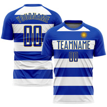 Load image into Gallery viewer, Custom White Royal-Gold Sublimation Uruguayan Flag Soccer Uniform Jersey