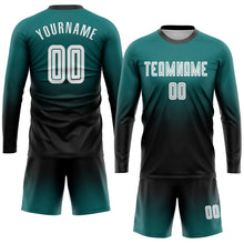 Load image into Gallery viewer, Custom Teal White-Black Sublimation Long Sleeve Fade Fashion Soccer Uniform Jersey