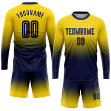 Load image into Gallery viewer, Custom Gold Navy Sublimation Long Sleeve Fade Fashion Soccer Uniform Jersey