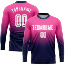 Load image into Gallery viewer, Custom Pink White-Navy Sublimation Long Sleeve Fade Fashion Soccer Uniform Jersey
