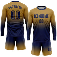 Load image into Gallery viewer, Custom Old Gold Navy Sublimation Long Sleeve Fade Fashion Soccer Uniform Jersey
